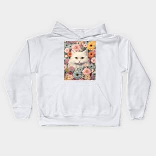 Blooming Beauty: A Whimsical Long-Haired Cat Embraced by Floral Delights Kids Hoodie